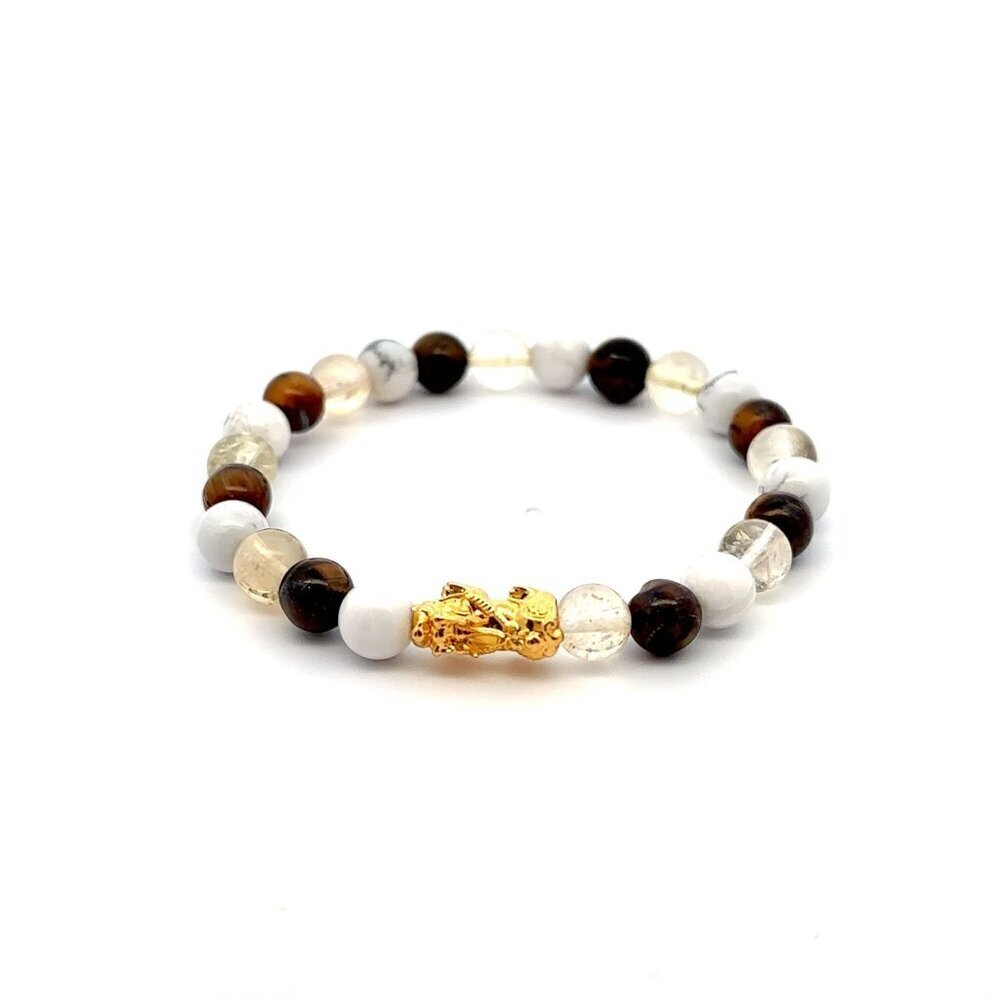 18K Gold Dragon Pixiu Piyao Lucky Charm Bracelet Zodiac Sign Gemini Gemstone 6mm